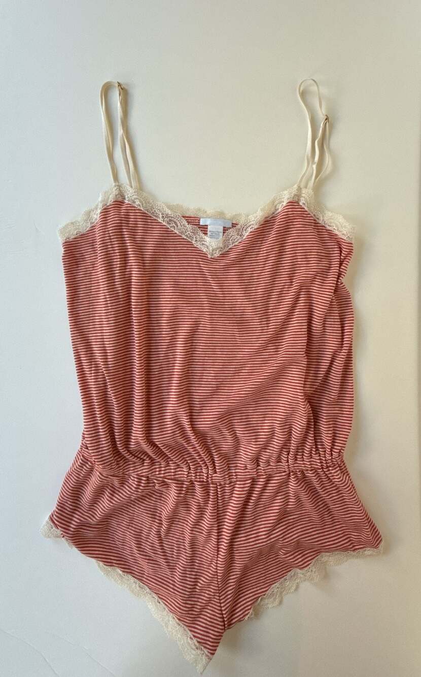 Eberjey Red and White Striped Lace Trim Romper